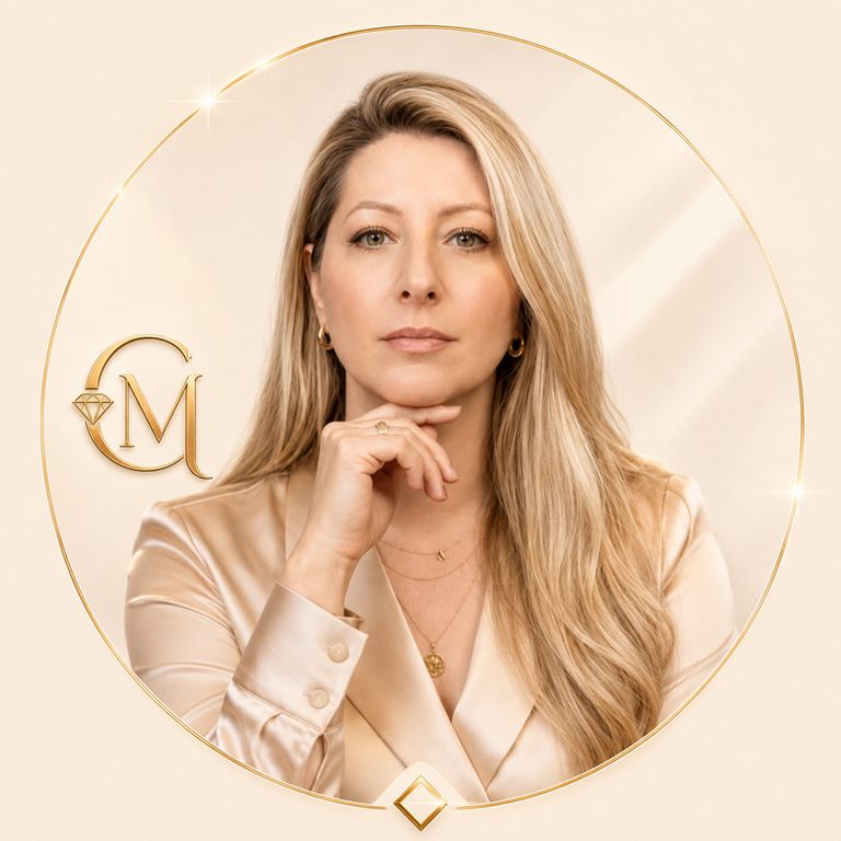 Retrato de Caroline Medeiros com o monograma da marca Empreendedoras Diamantes